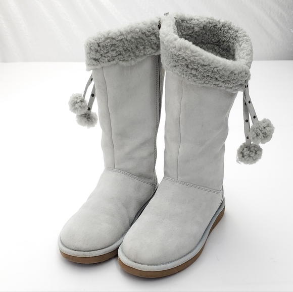 UGG Women's Plumdale Shearling Cuff Tall Suede Wool Lining Gray Boots Zip Size 7 - Picture 3 of 16